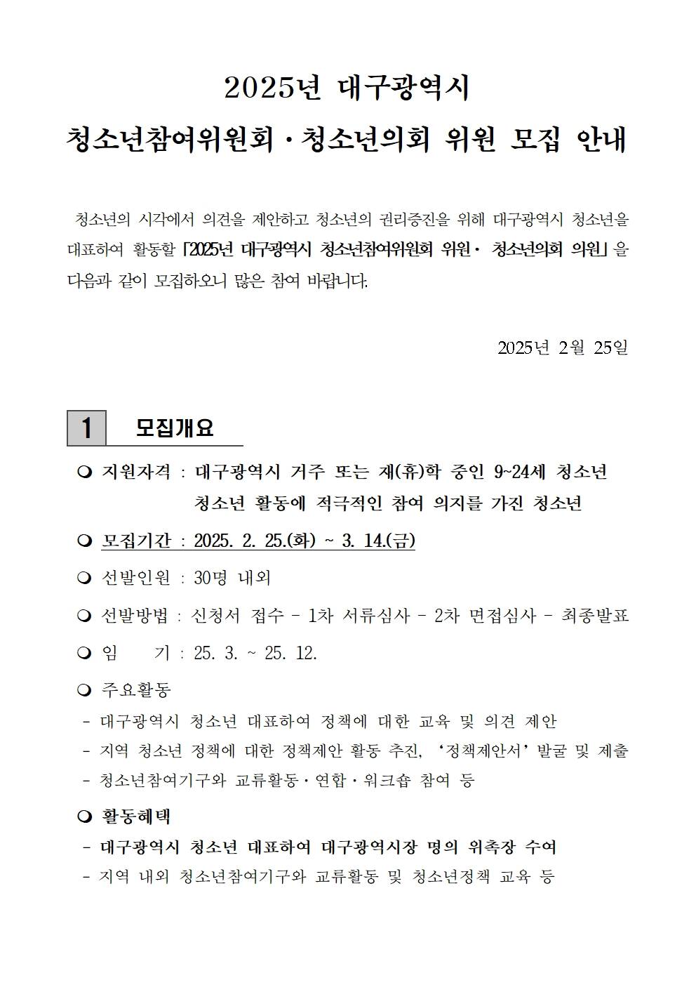 2025년 대구광역시 청소년참여위원회·청소년의회 모집