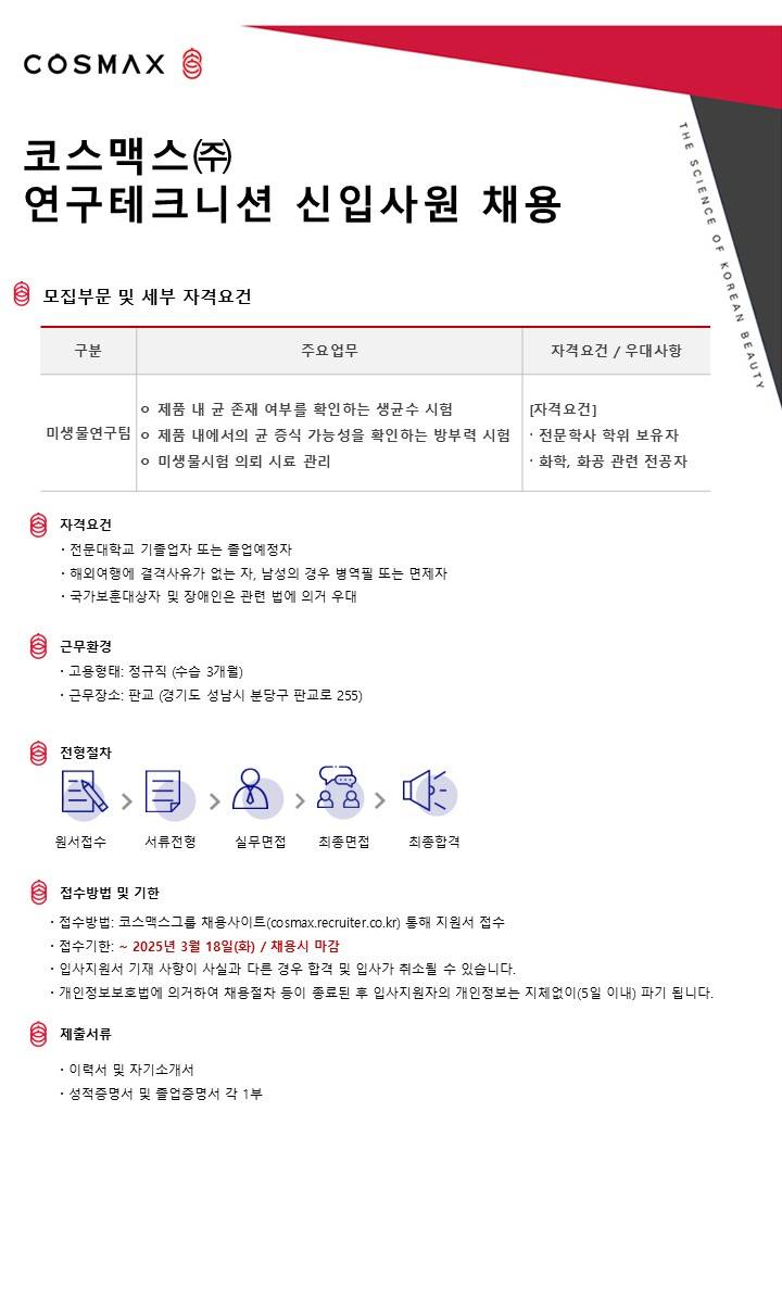 [코스맥스] 미생물연구팀 연구테크니션