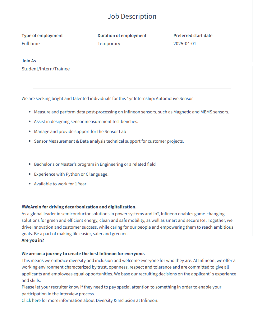 [인피니언테크놀로지스코리아] 차량용 센서 엔지니어 인턴십 채용