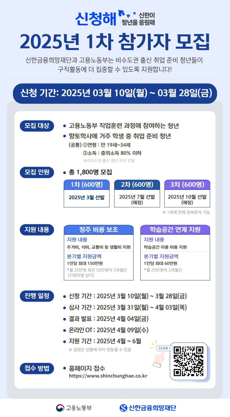 [신한금융희망재단 X 고용노동부] ✨청년 취업 지원✨신청해(신한이 청년을 응원해) 1차 참가자 모집(~3/28)