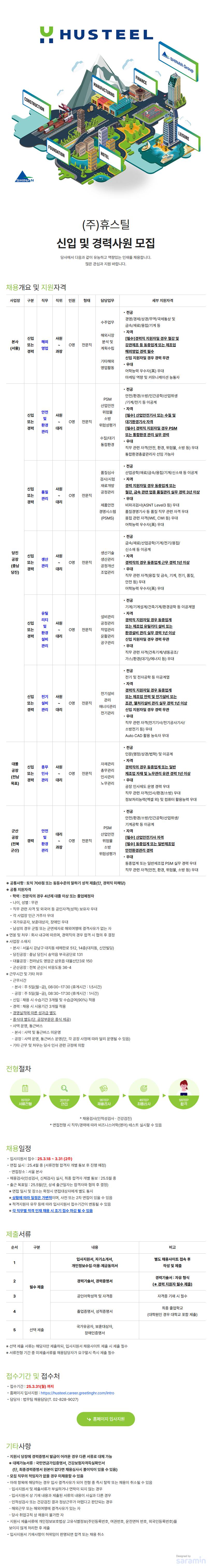 [휴스틸] 신입 및 경력사원 모집