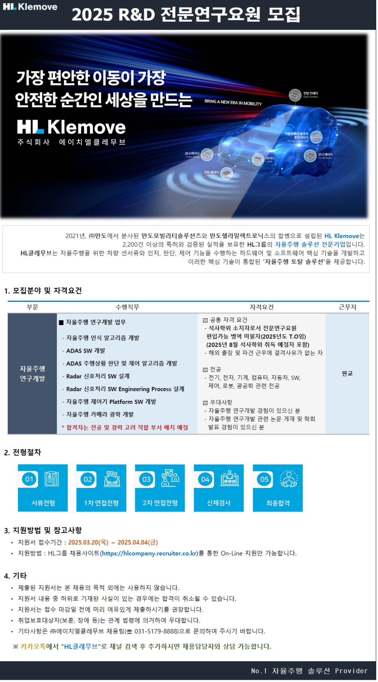 [HL클레무브] 2025 R&D 전문연구요원 채용