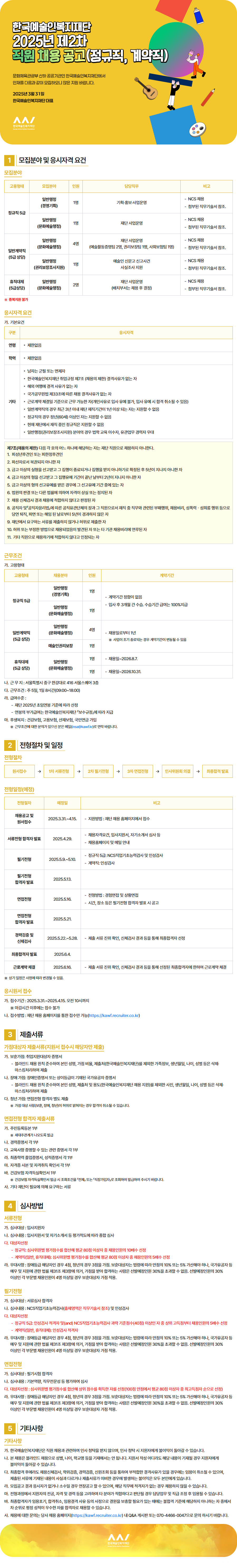 [한국예술인복지재단] 2025년 제2차 직원 채용 공고 (정규직, 계약직)