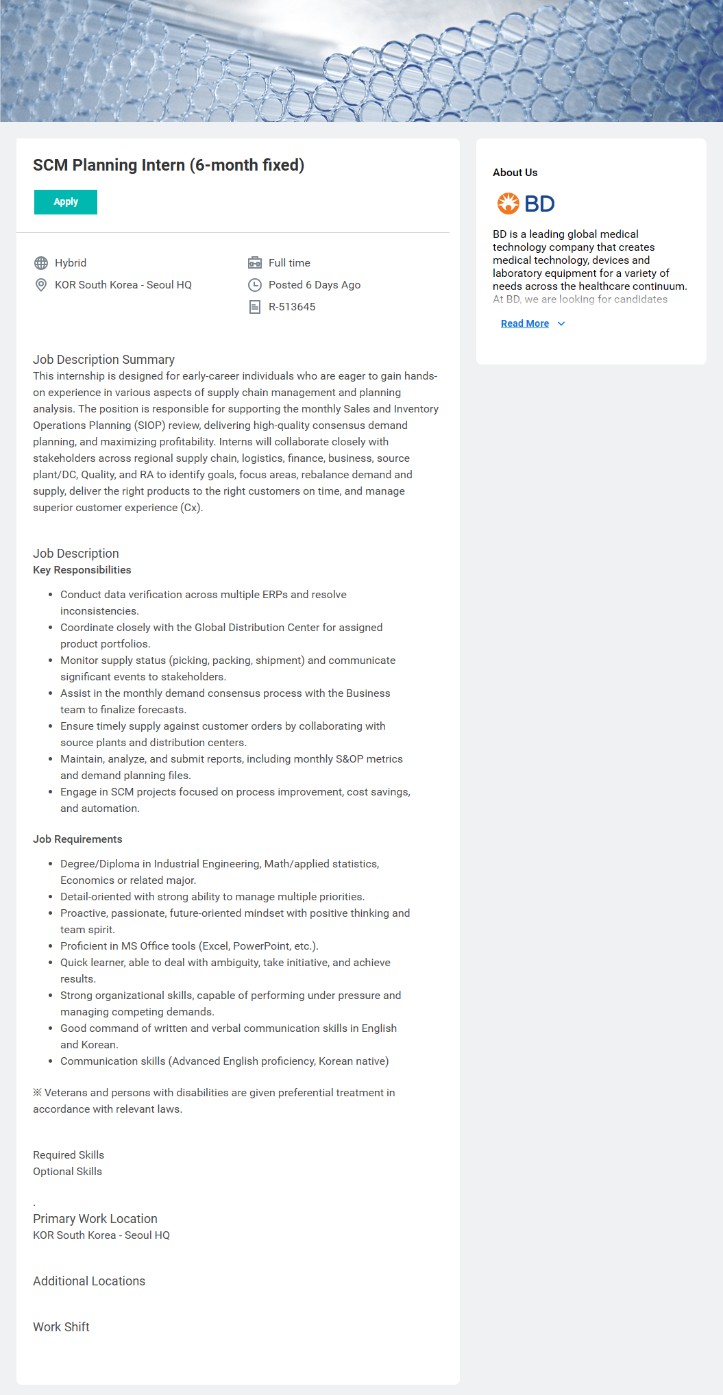 [벡톤디킨슨코리아] SCM Planning Intern (6-month fixed)