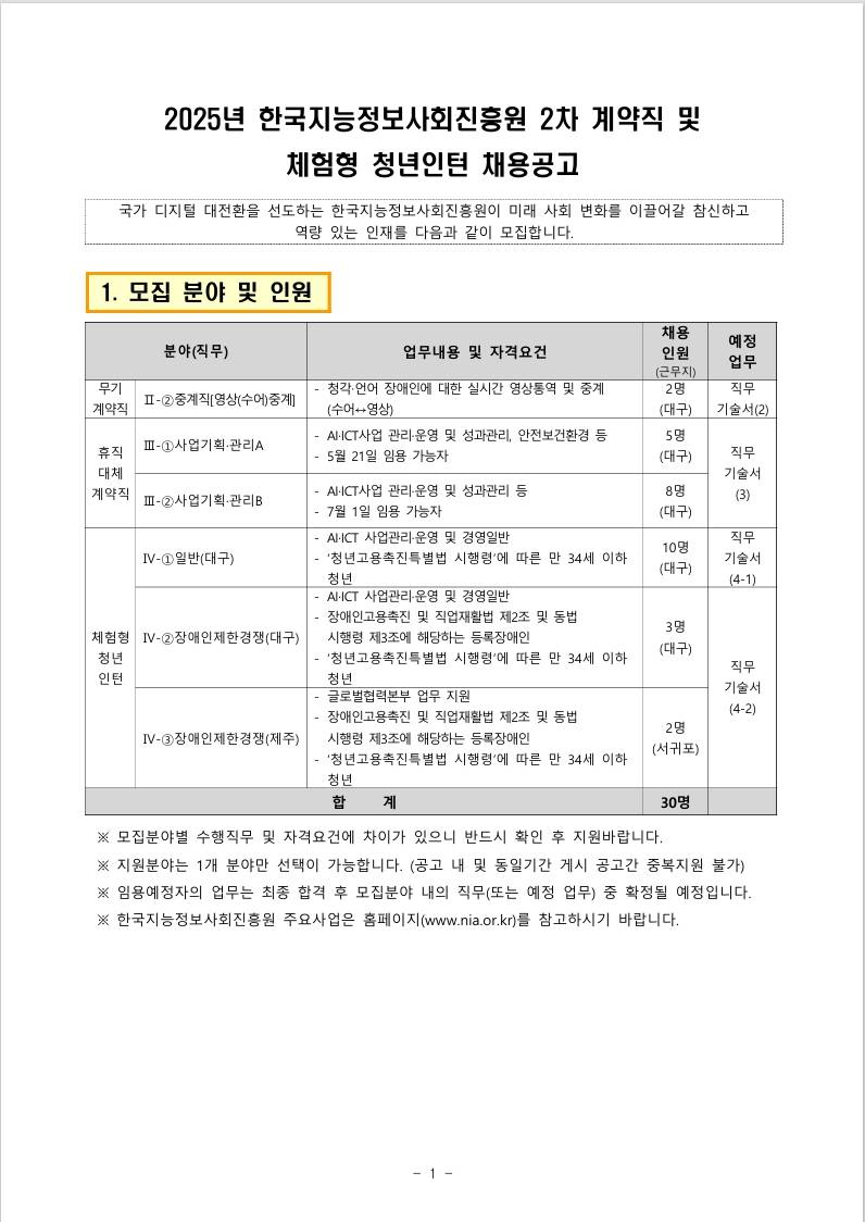 [한국지능정보사회진흥원] 2차 계약직 및 체험형 청년인턴 채용공고