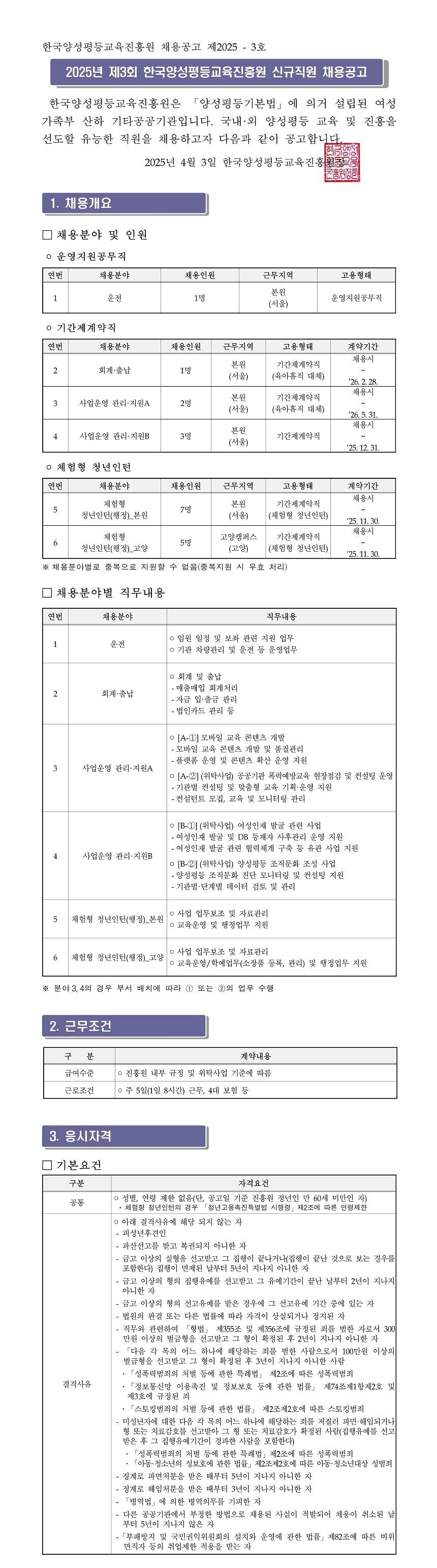 [한국양성평등교육진흥원] 2025년 제3회 신규직원 채용공고