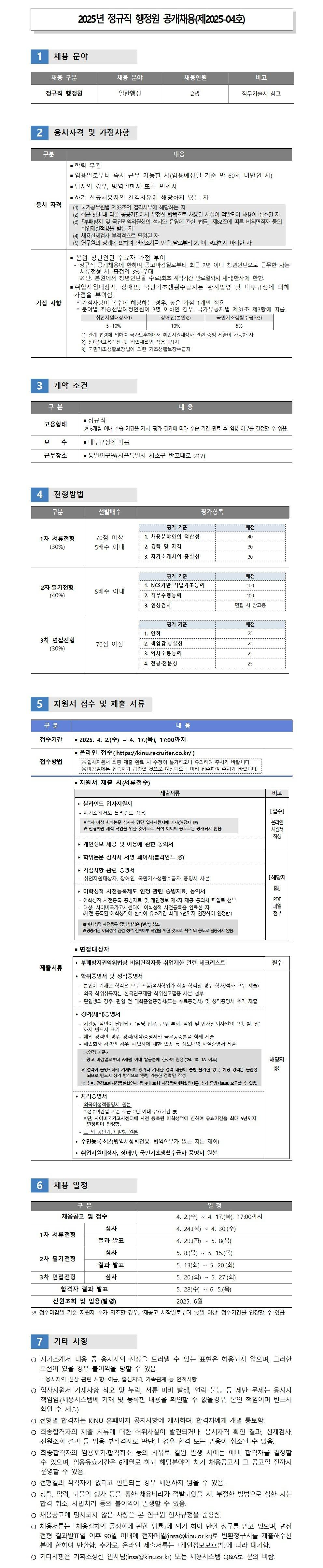 [통일연구원] 2025년 정규직 행정원 공개채용(제2025-04호)