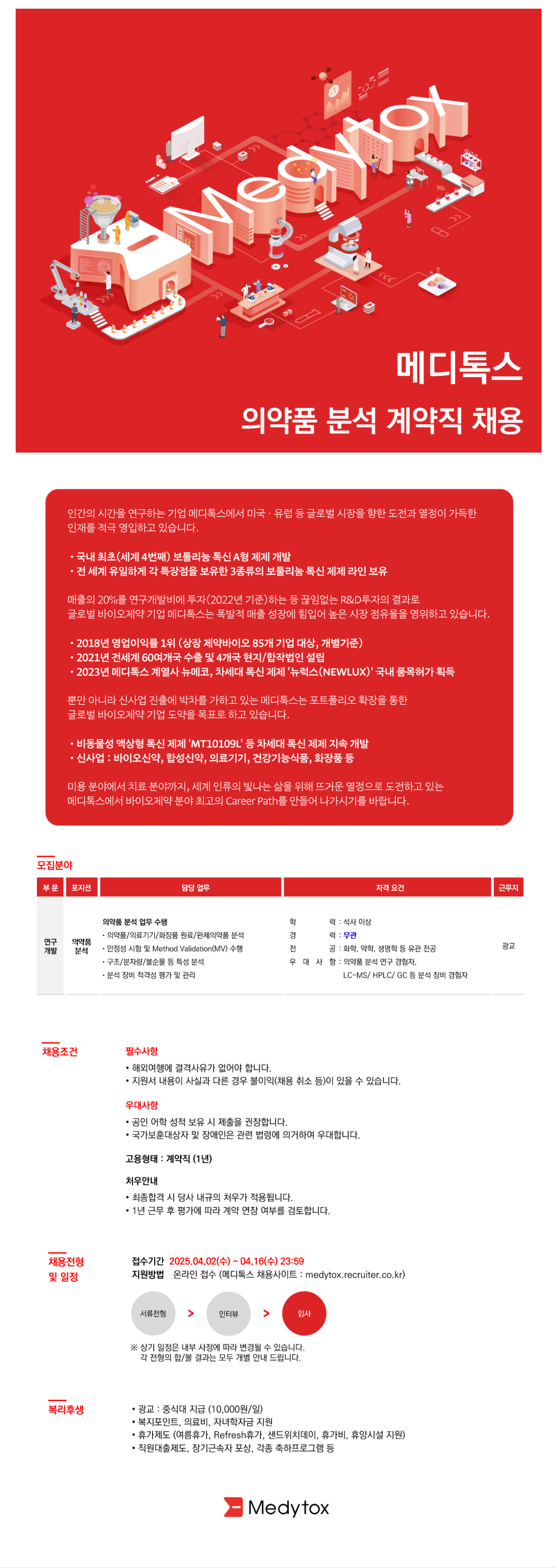 [메디톡스] 의약품 분석 계약직 채용