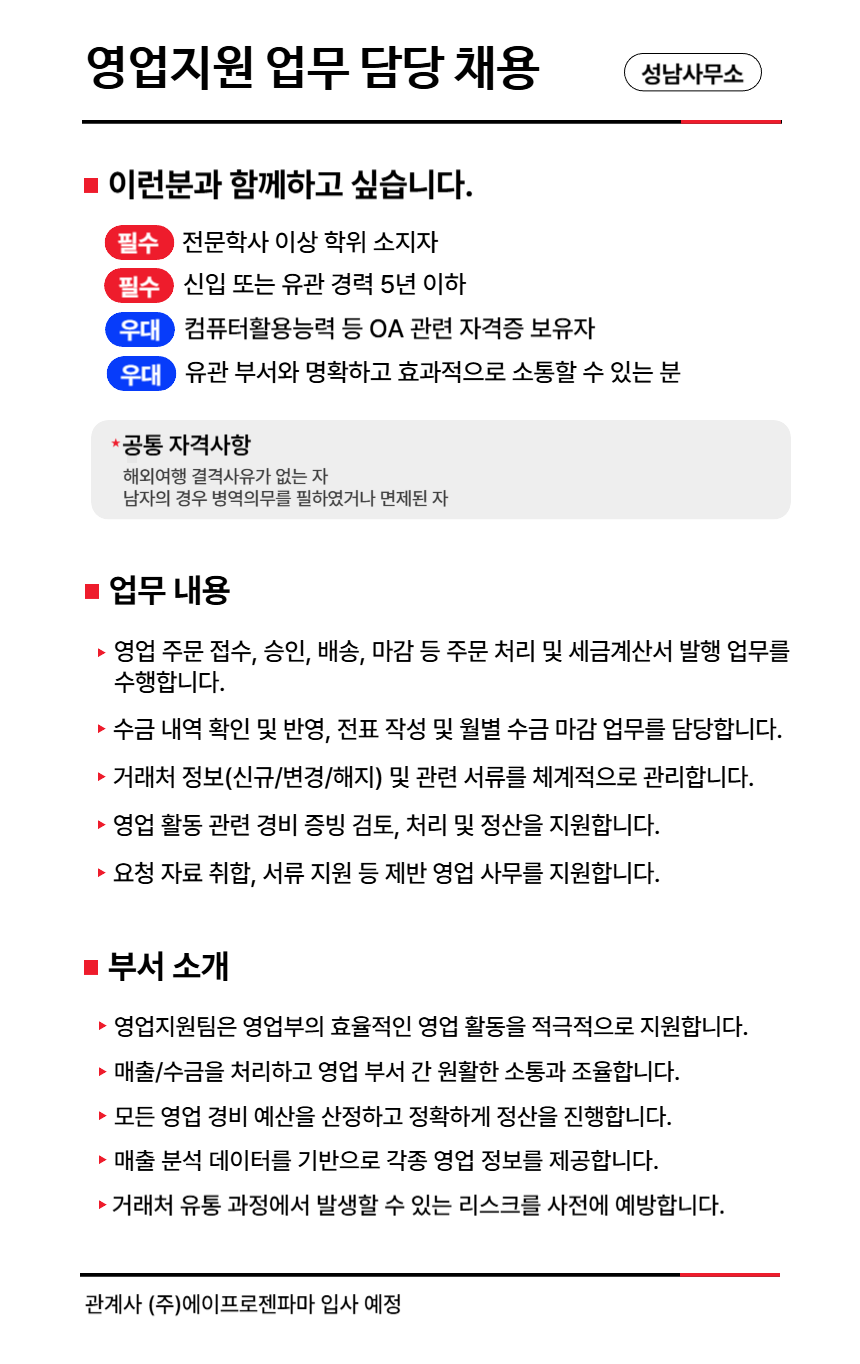 [에이프로젠파마/제약사업부문] 영업지원 담당 신입/경력 채용