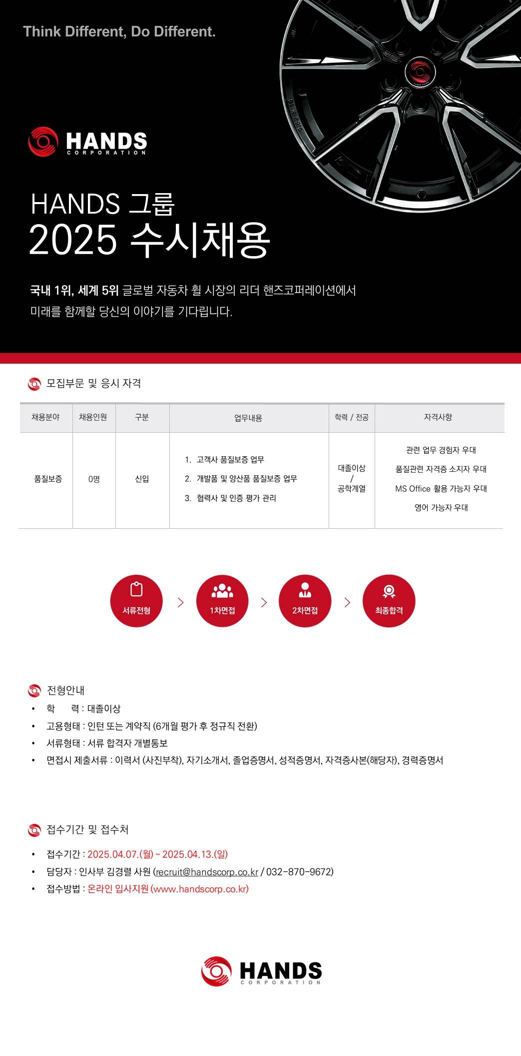 [핸즈코퍼레이션] 2025년 수시채용  (품질보증)