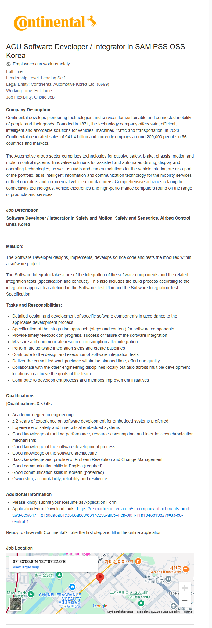 [콘티넨탈 오토모티브 코리아] Software Developer / Intergrator (신입 가능)