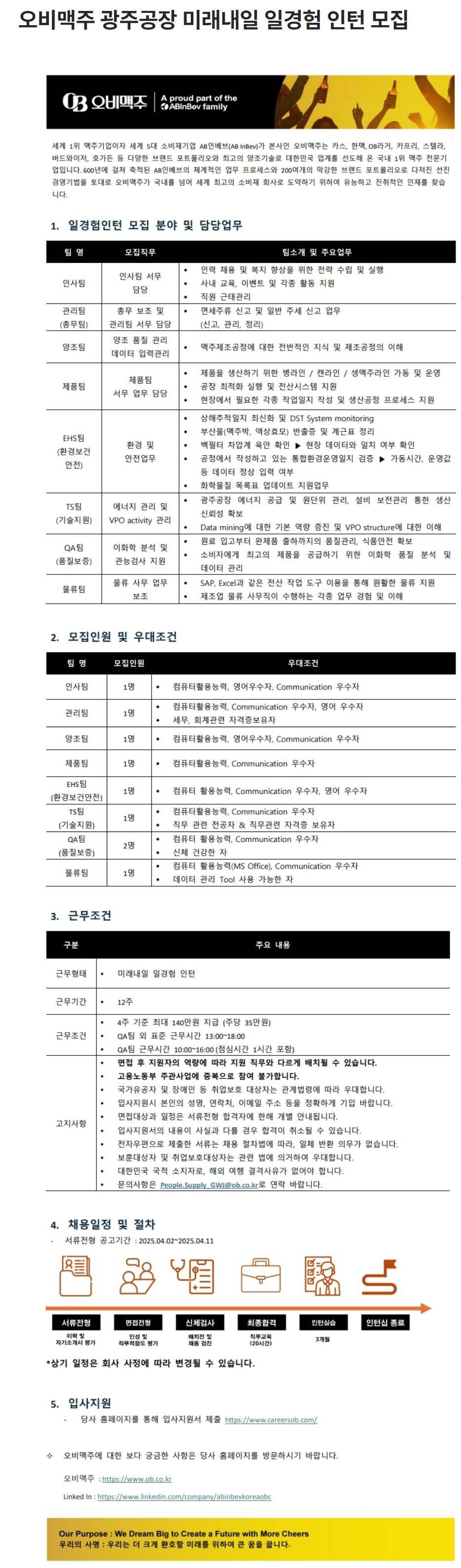 [오비맥주] 광주공장 미래내일 일경험 인턴 모집