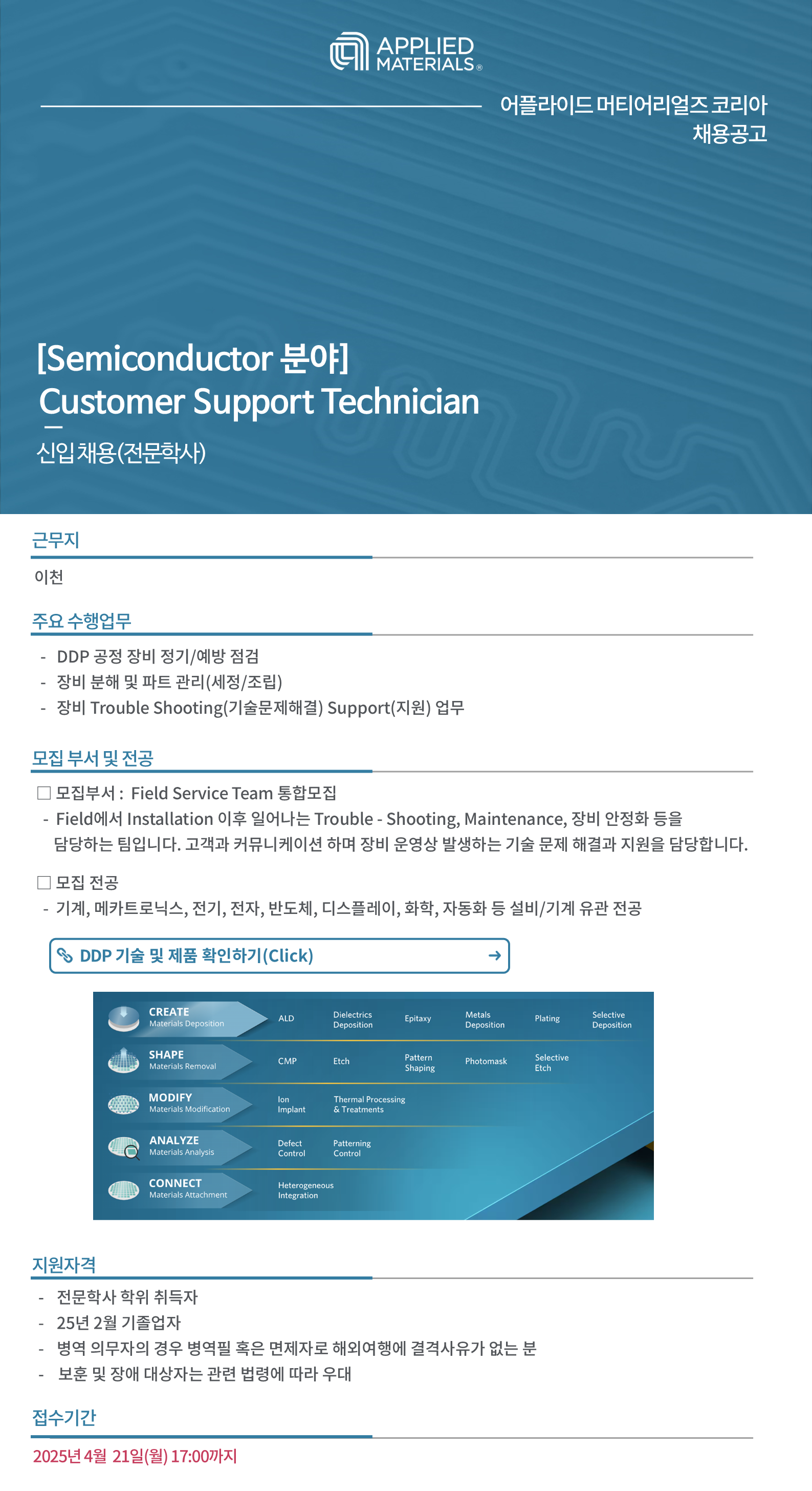 [어플라이드머티어리얼즈코리아] Customer Support Technician 전문학사 신입 채용