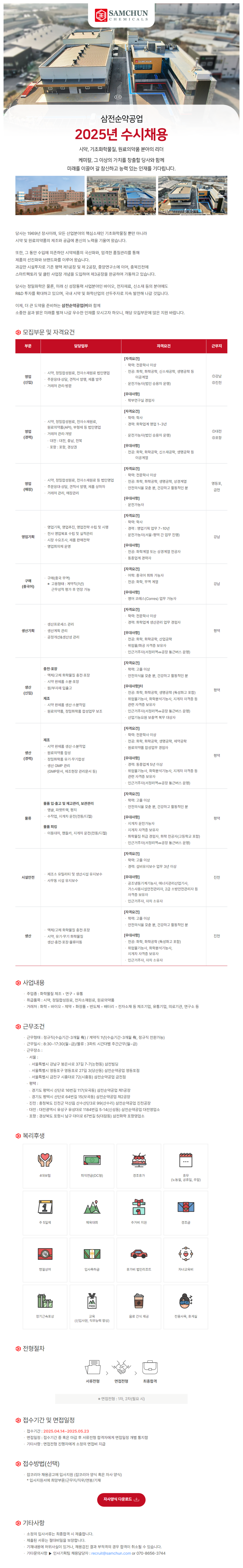 [삼전순약공업] 2025년 각 부문별 신입 및 경력 수시채용 (~05/23)
