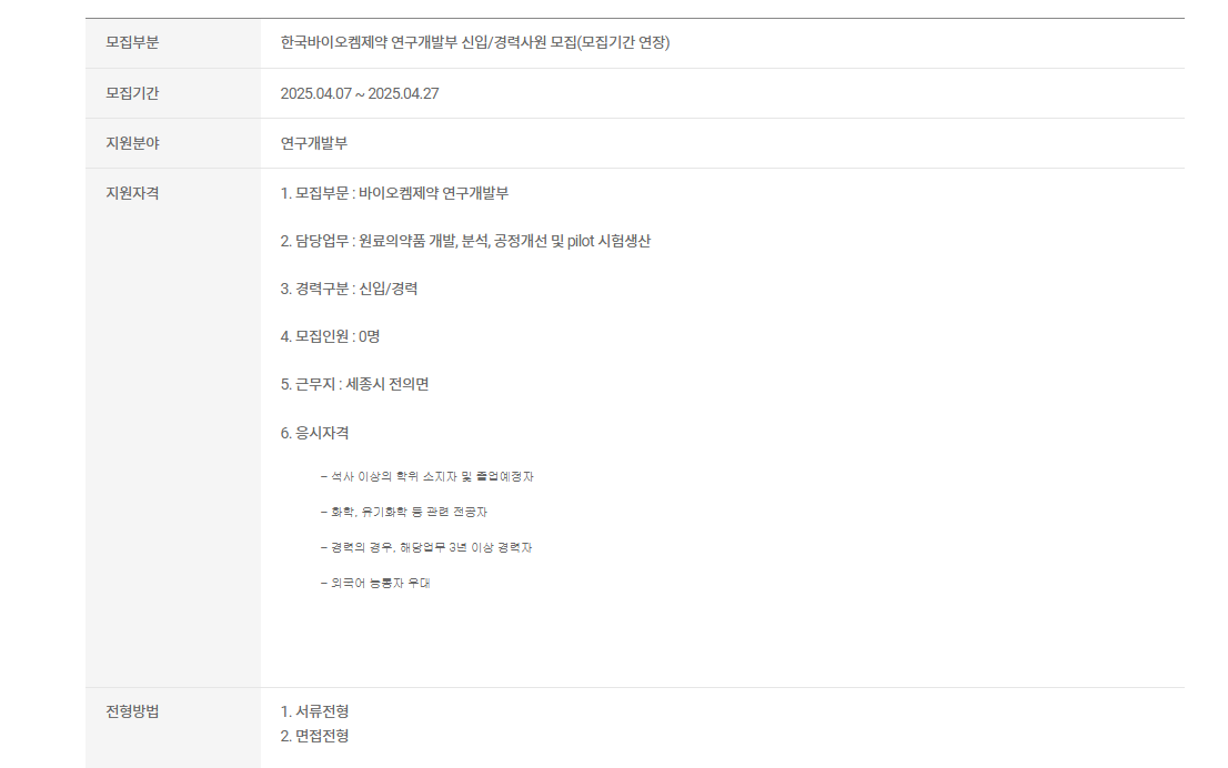 [한국바이오켐제약] 연구개발부 신입/경력사원 모집(모집기간 연장)