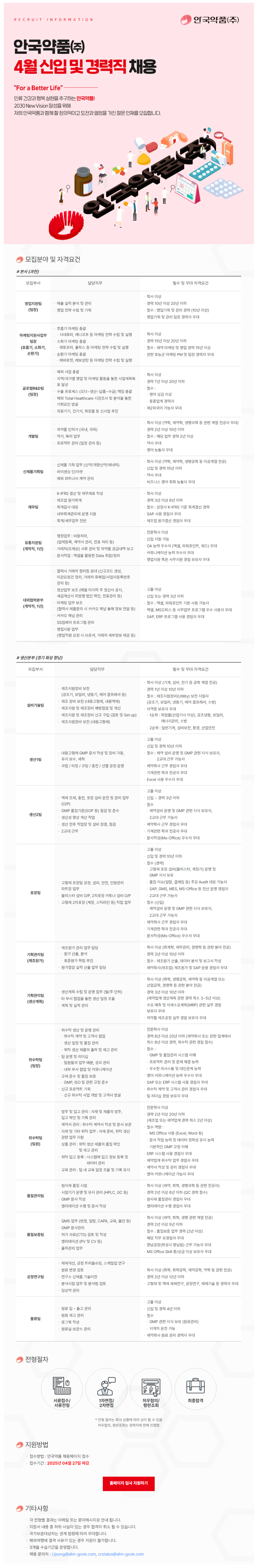 [안국약품] 2025년 4월 각 분야별 신입 및 경력 채용 (~04/27)