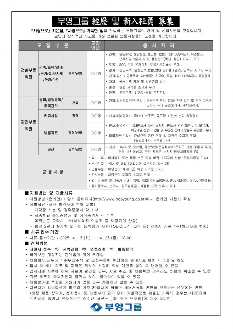 [부영그룹] 신입/경력사원 모집