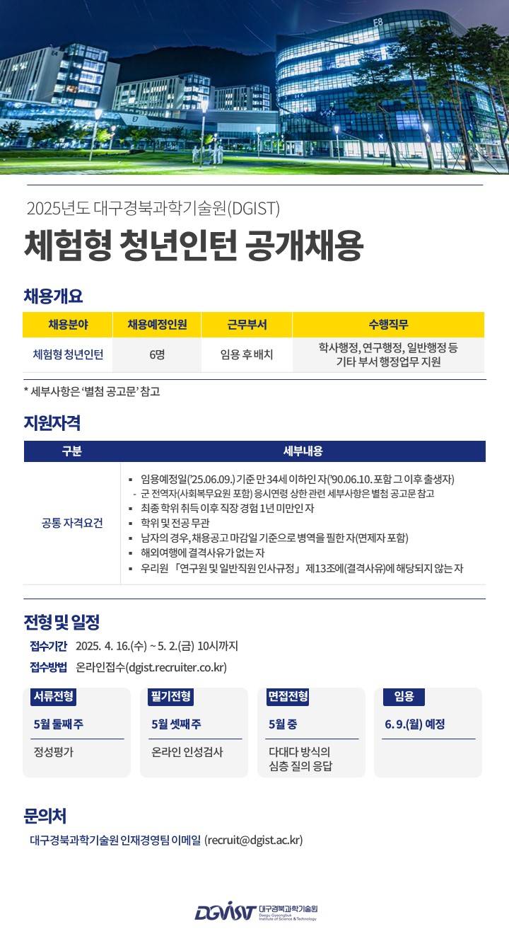 [대구경북과학기술원] 2025년도 DGIST 체험형 청년인턴 공개채용