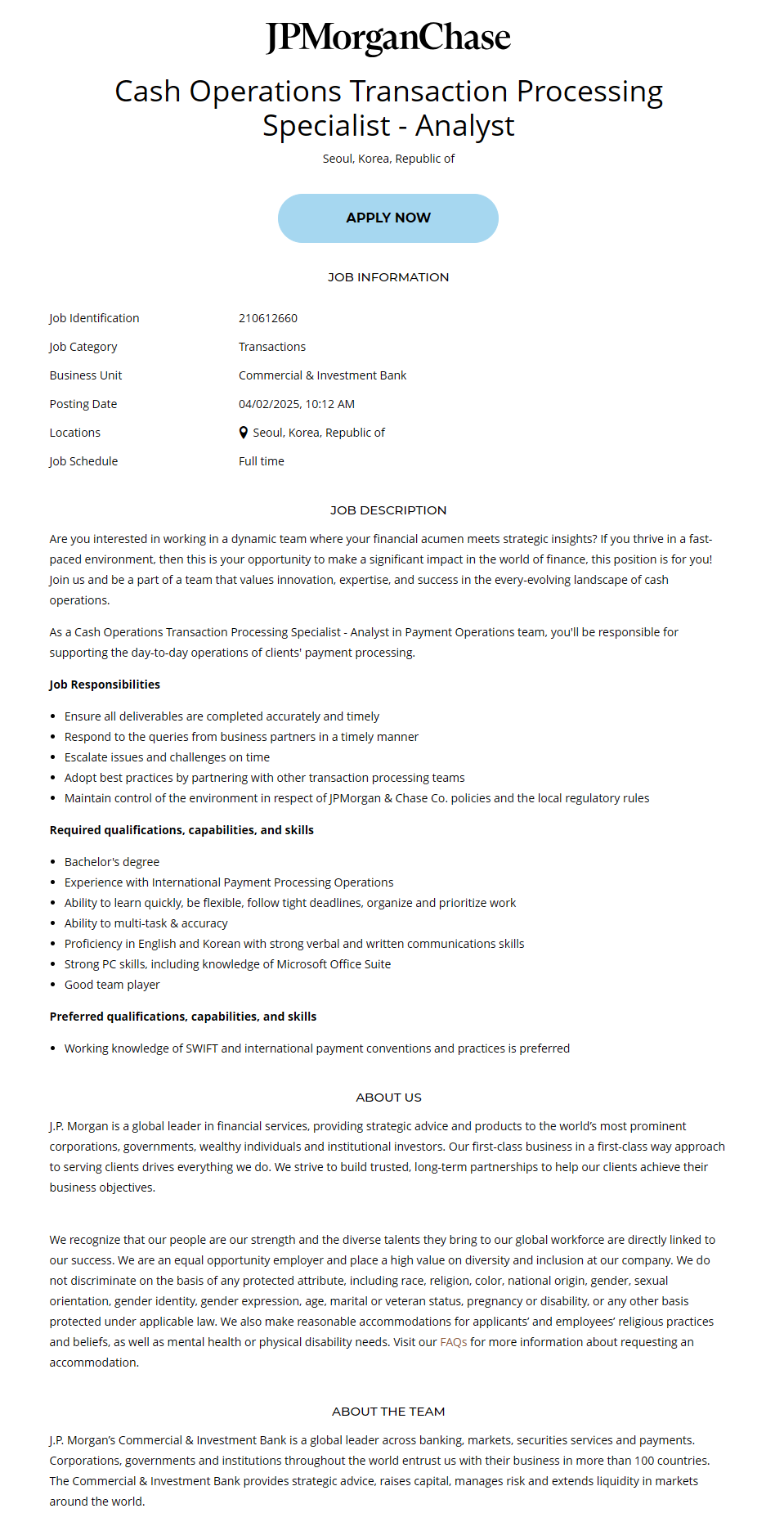 [제이피모간체이스] Cash Operations Transaction Processing Specialist - Analyst