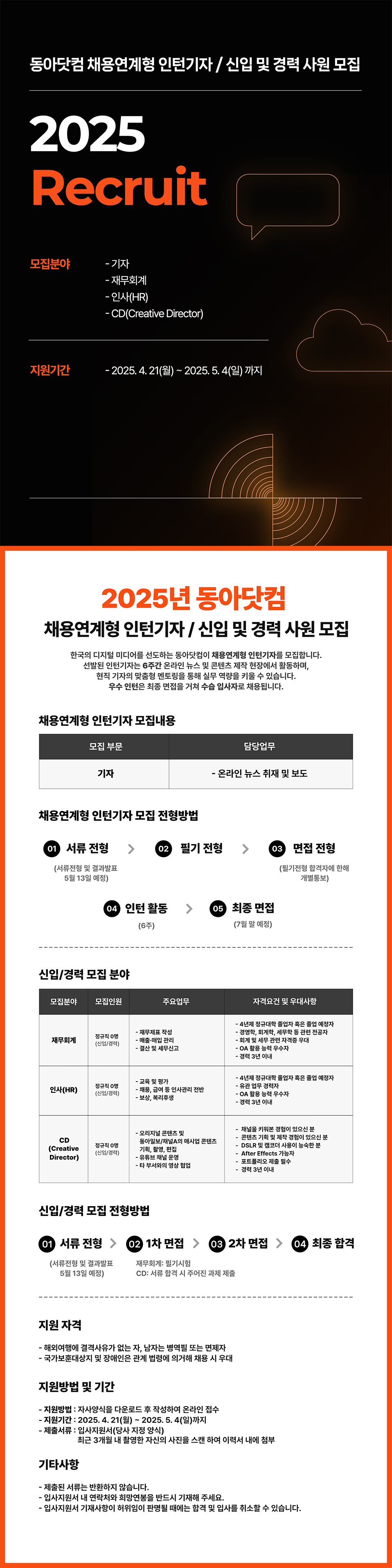 [동아닷컴] 2025년 채용연계형 인턴기자/신입 및 경력 사원 모집