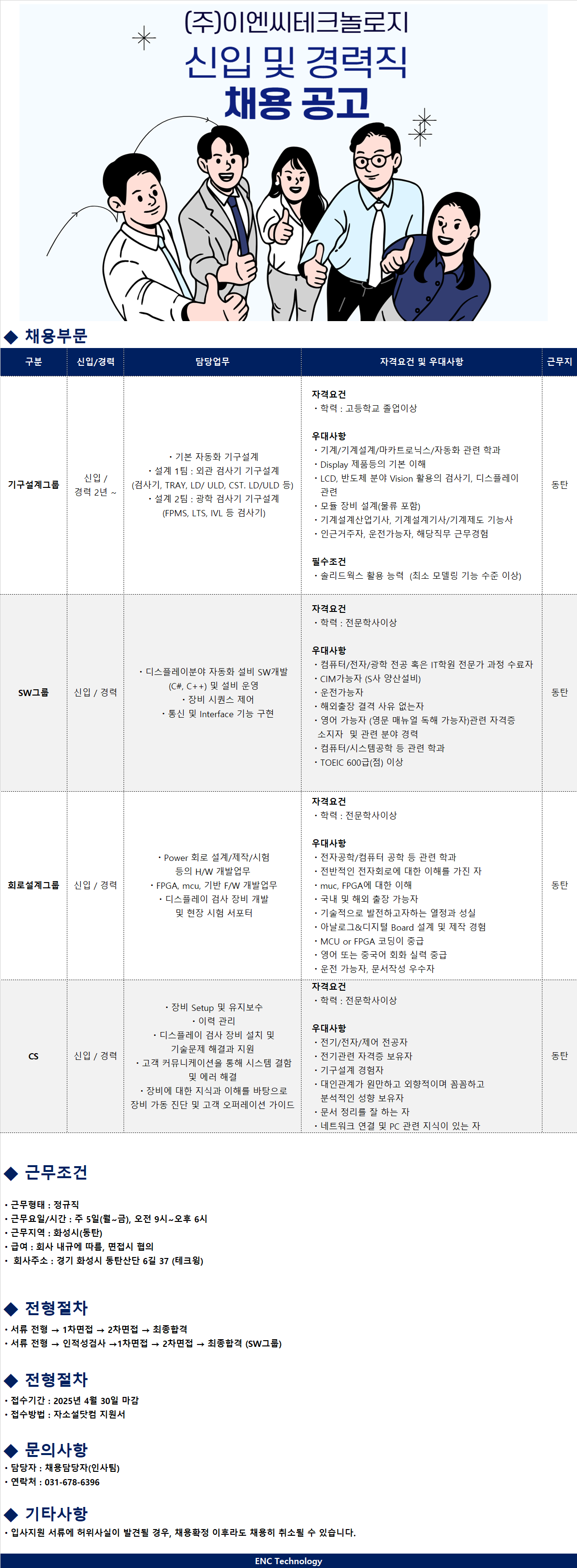 [이엔씨테크놀로지/테크윙 자회사] 2025년 신입/경력 채용