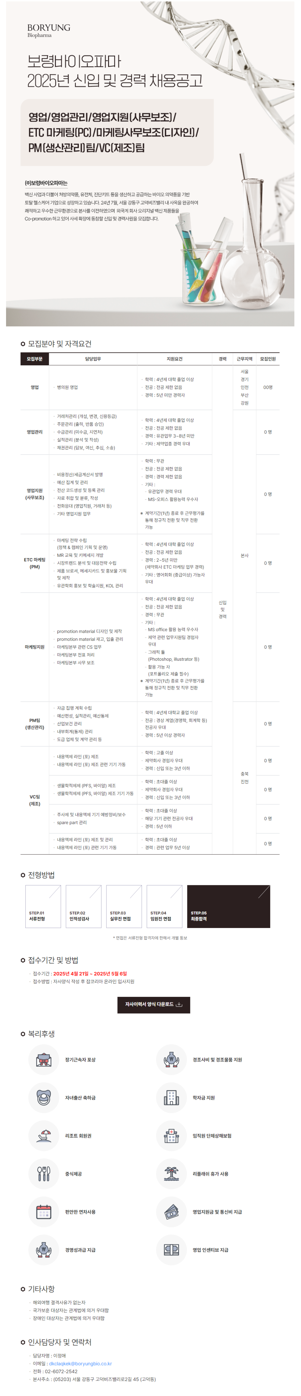 [보령바이오파마] 2025년 각 분야별 신입 및 경력 채용 (~05/06)