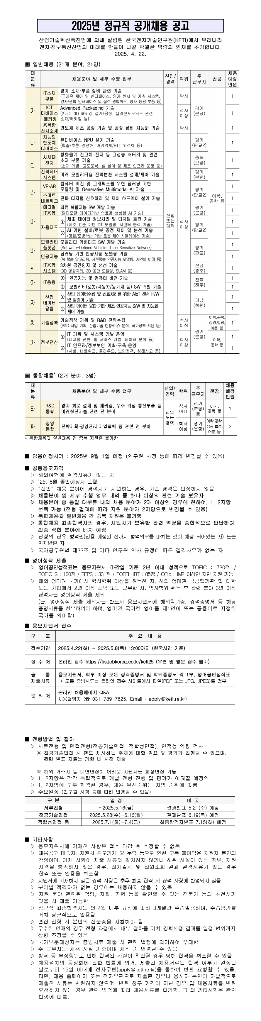 [한국전자기술연구원] 2025년 정규직 채용 공고