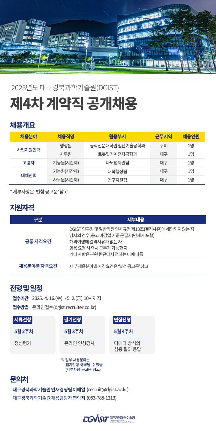 [대구경북과학기술원] 2025년도 DGIST 제4차 계약직 공개채용 공고