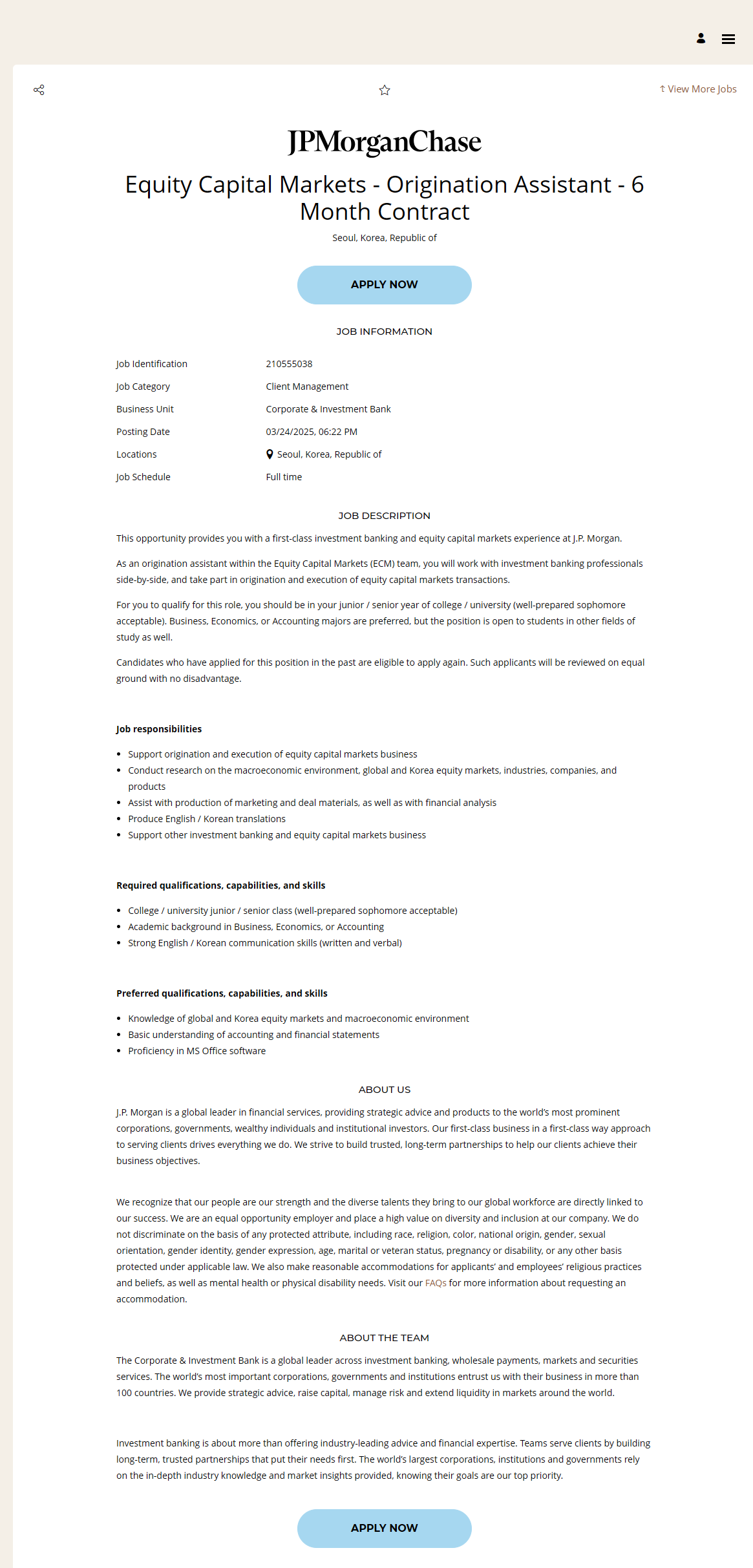 [제이피모간체이스] Equity Capital Markets - Origination Assistant - 6 Month Contract