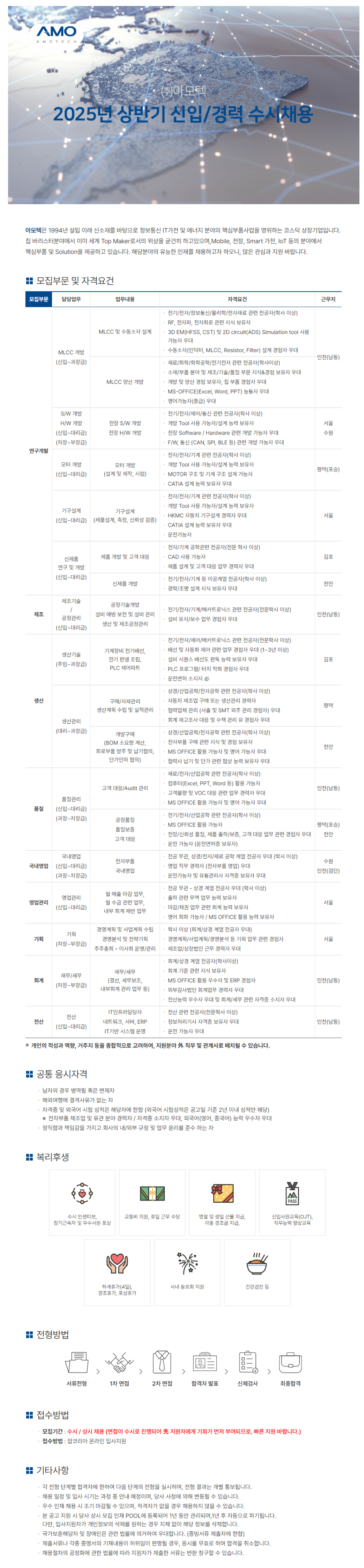 [아모텍] 2025년 상반기 각 부문별 신입 및 경력 수시채용 (~채용 시 마감)