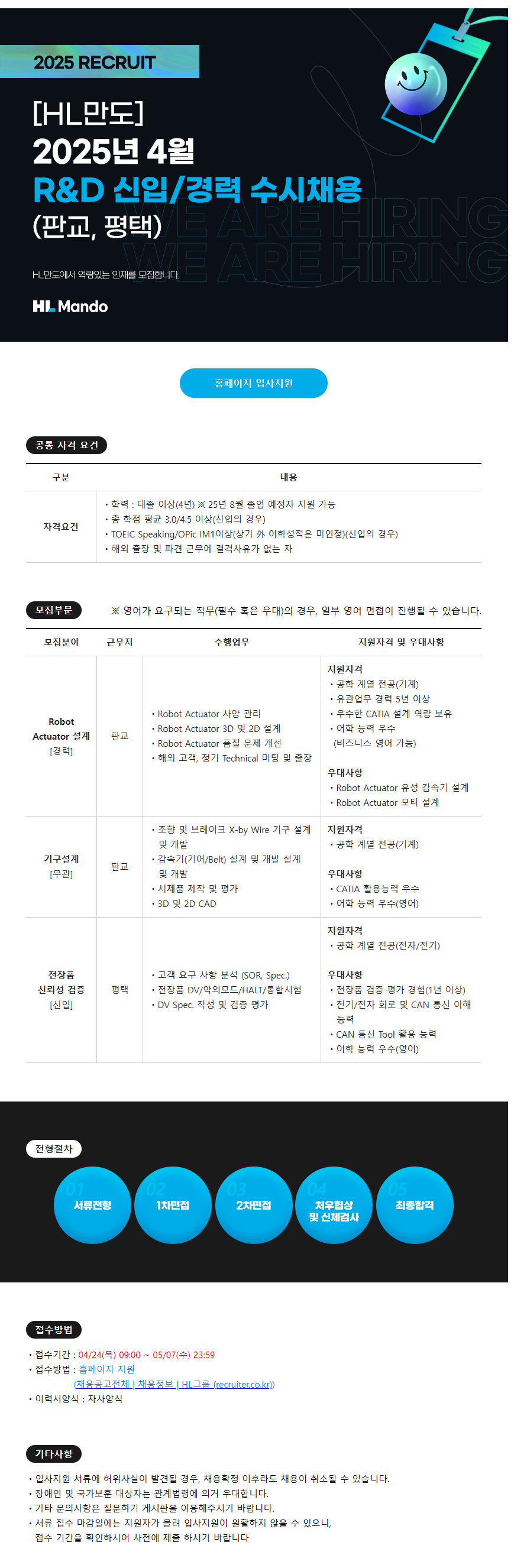 [HL만도] 2025년 4월 R&D 신입/경력 수시채용(판교, 평택)
