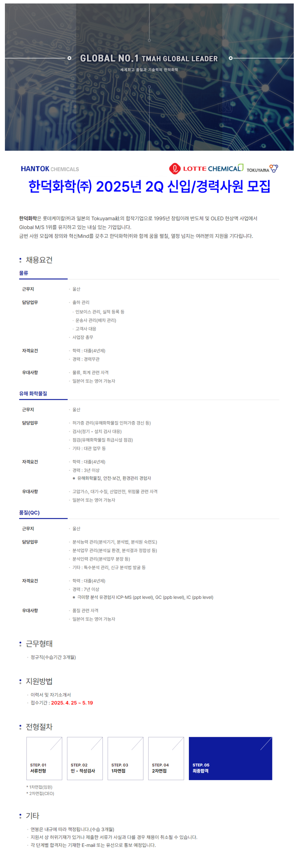 [한덕화학] 2025년 2Q 각 부문별 신입 및 경력사원 채용 (~05/19)