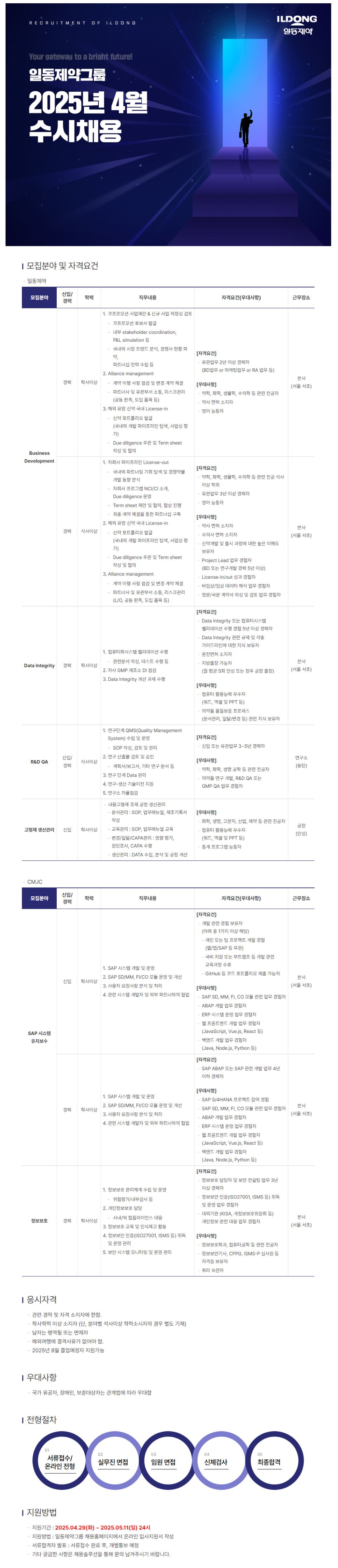 [일동제약] 2025년 4월 각 분야별 신입 및 경력 수시채용 (~05/11)