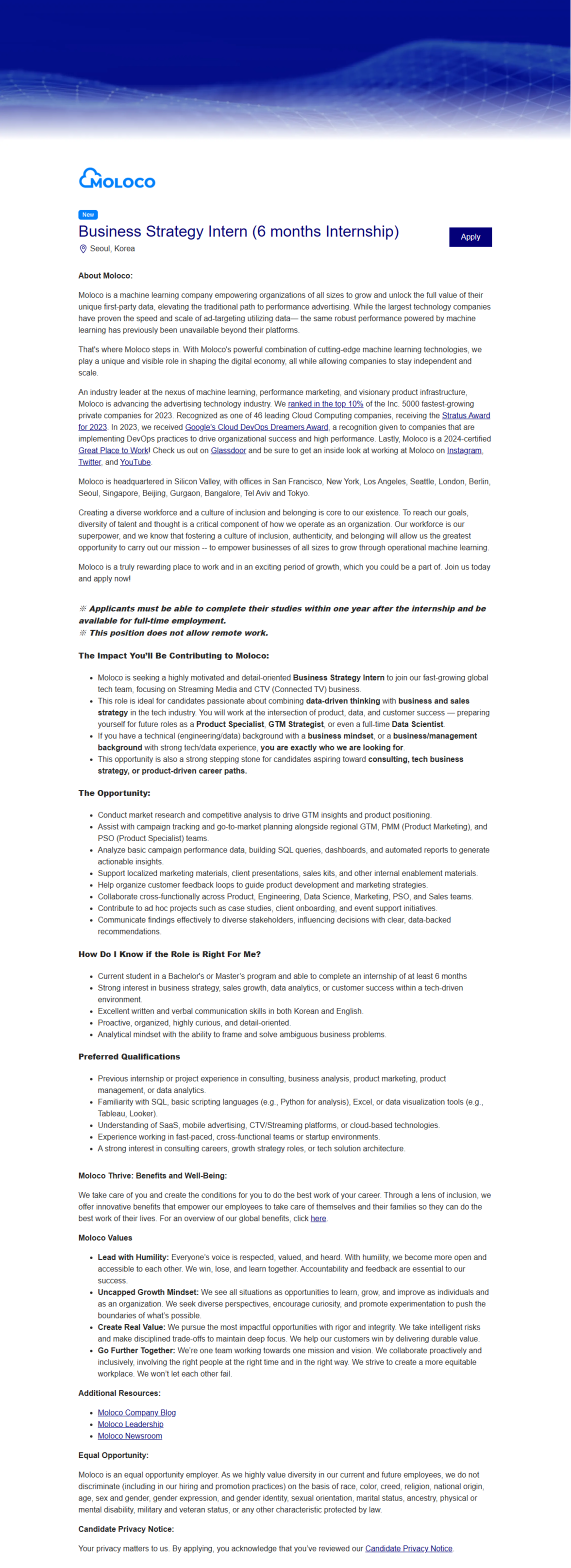 [몰로코] Business Strategy Intern (6 months Internship)