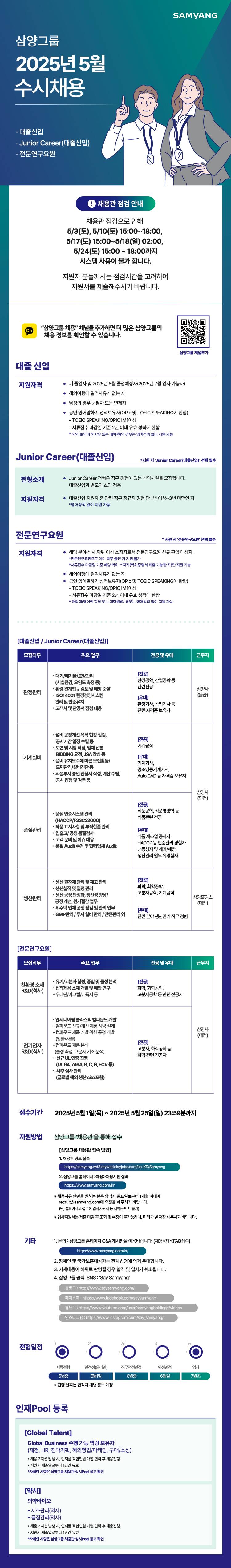 [삼양그룹] 5월 수시채용 (엔지니어/전문연구요원)