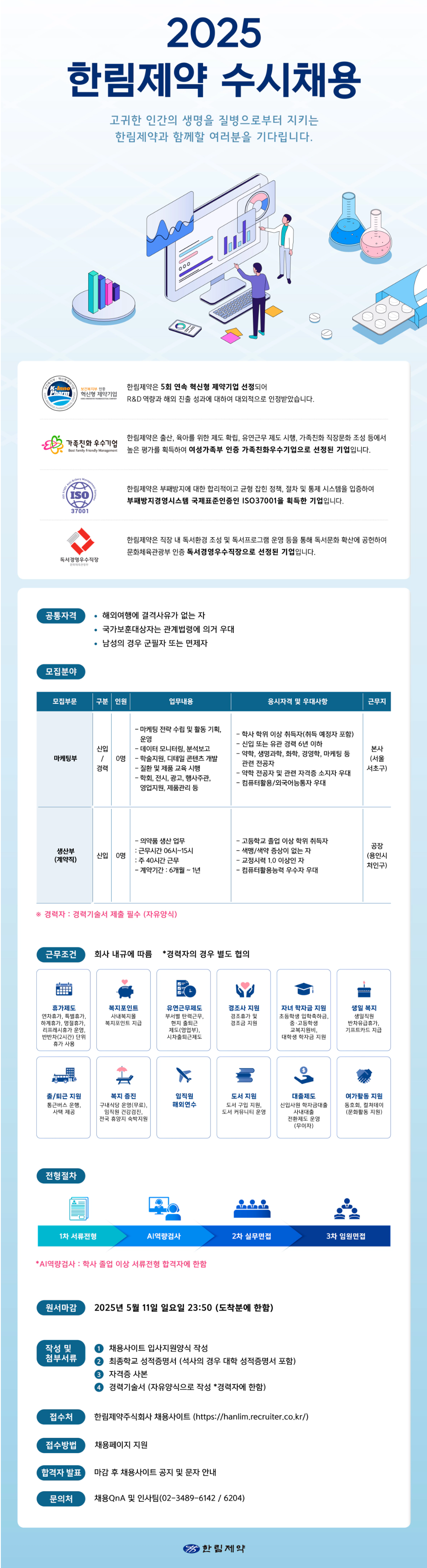 [한림제약] 2025년 마케팅부, 생산부(계약직) 신입/경력직 수시채용 (~05/11)