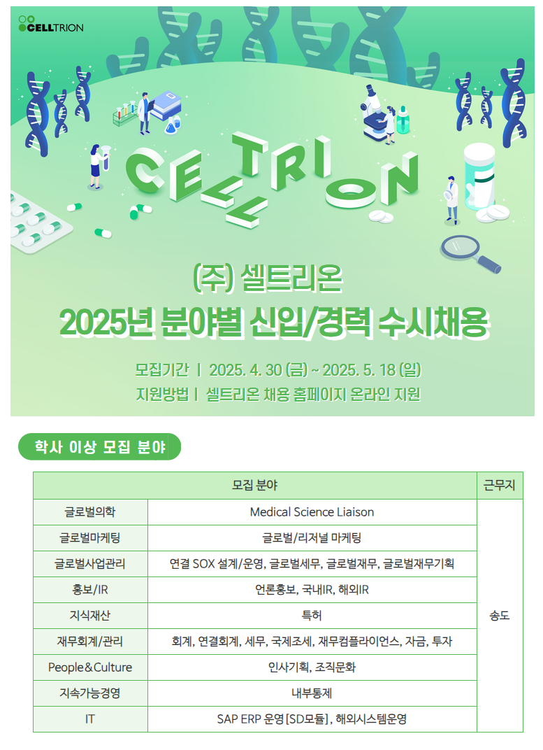 [셀트리온] 2025년 분야별 수시채용 (~05/18)