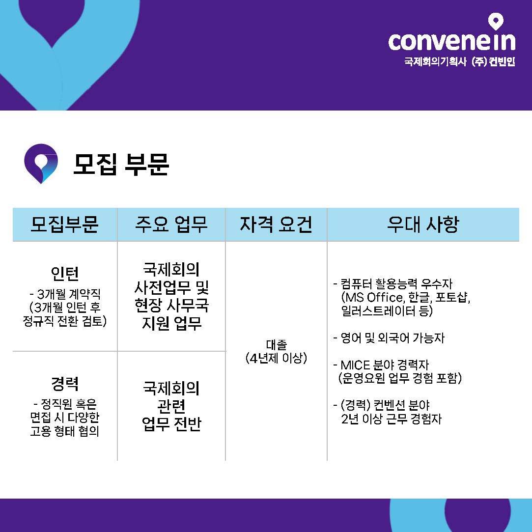 [(주)컨빈인] 국제회의 기획 - 신입 및 경력직 채용 공고 (공고 마감: 9월 30일(화))