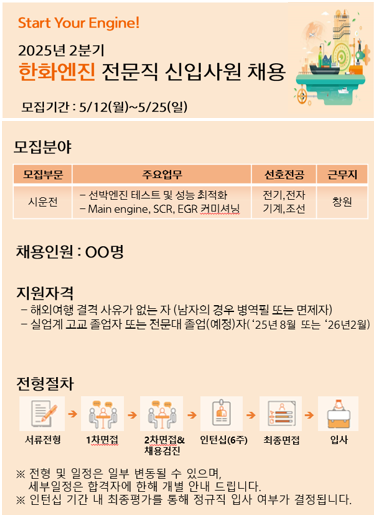 [한화엔진] 2025년 2분기 현장 전문직(인턴십) 채용