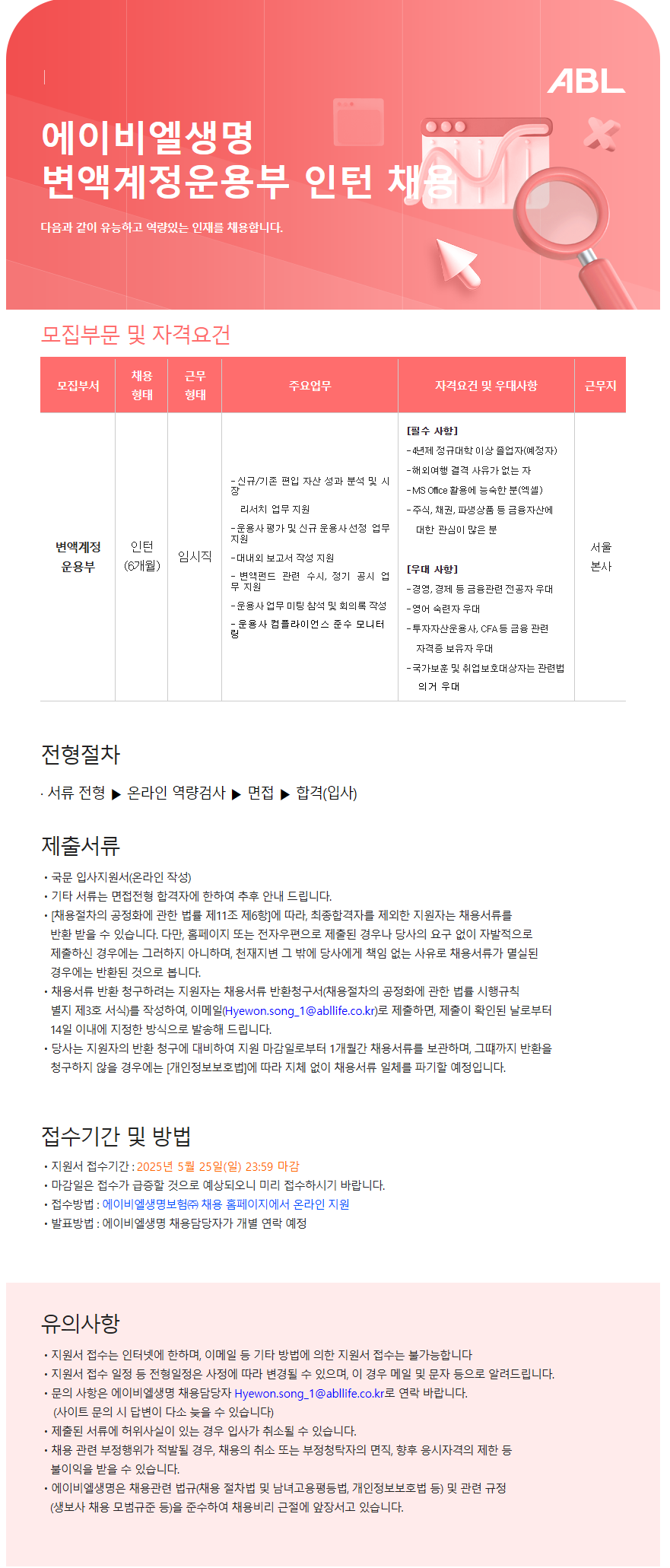 [ABL생명] 변액계정운용부 인턴 채용