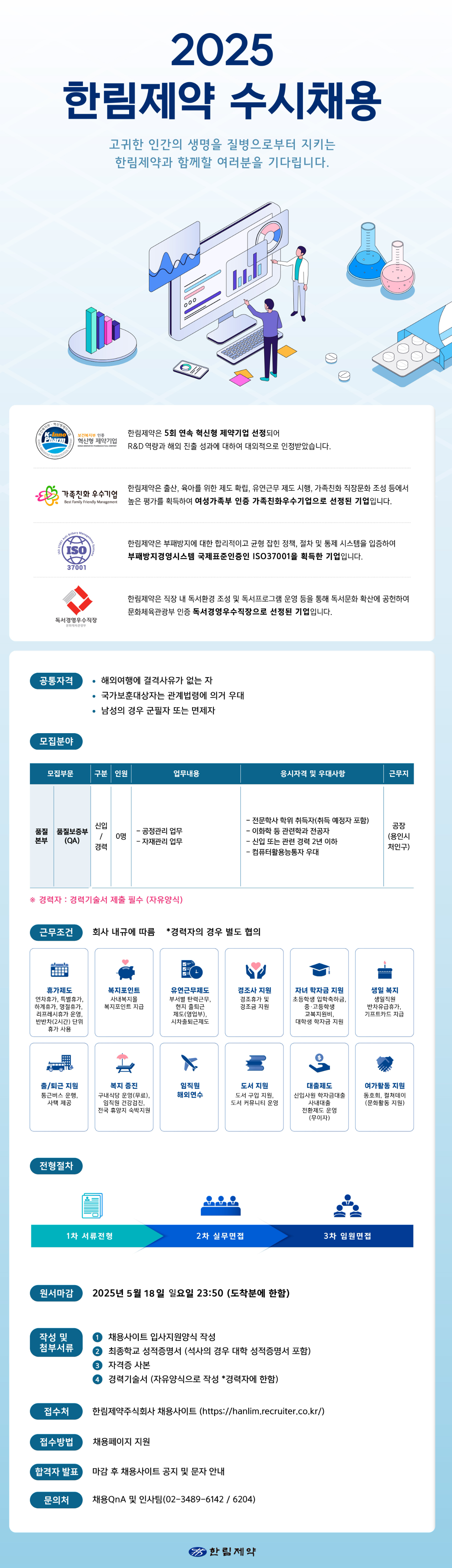 [한림제약] 2025년 품질보증부 신입/경력직 수시 채용