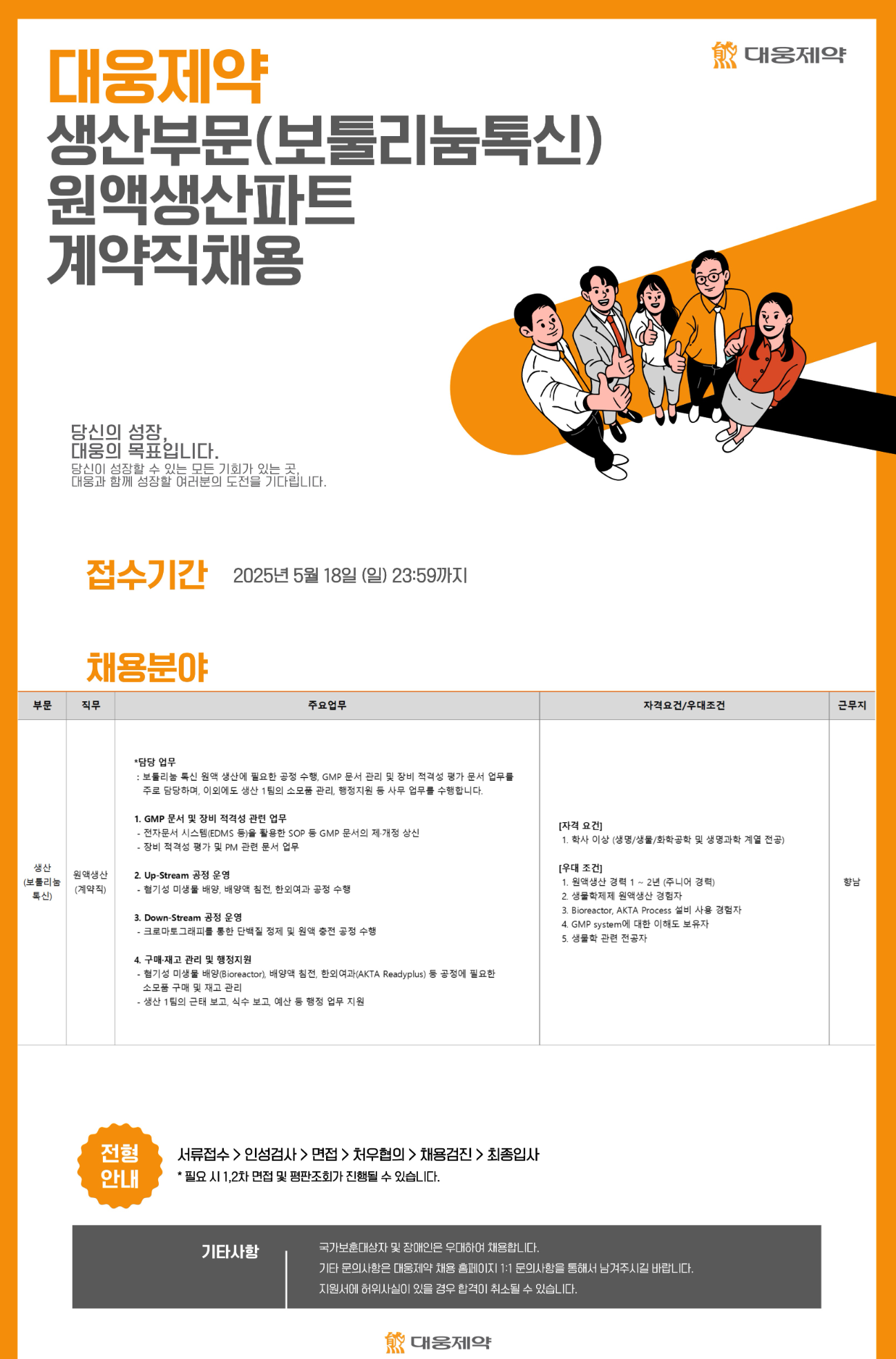 [대웅제약] 생산부문(보툴리눔톡신) 원액생산파트 계약직채용 (~05/18)