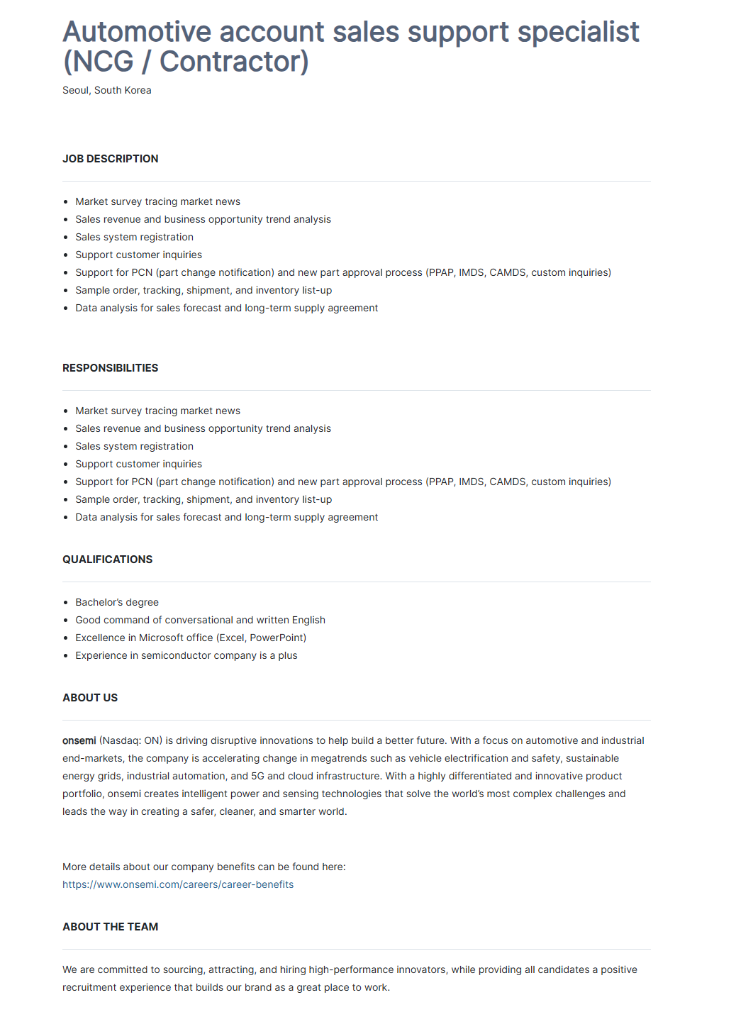 [온세미컨덕터코리아] Automotive account sales support specialist (NCG / Contractor)