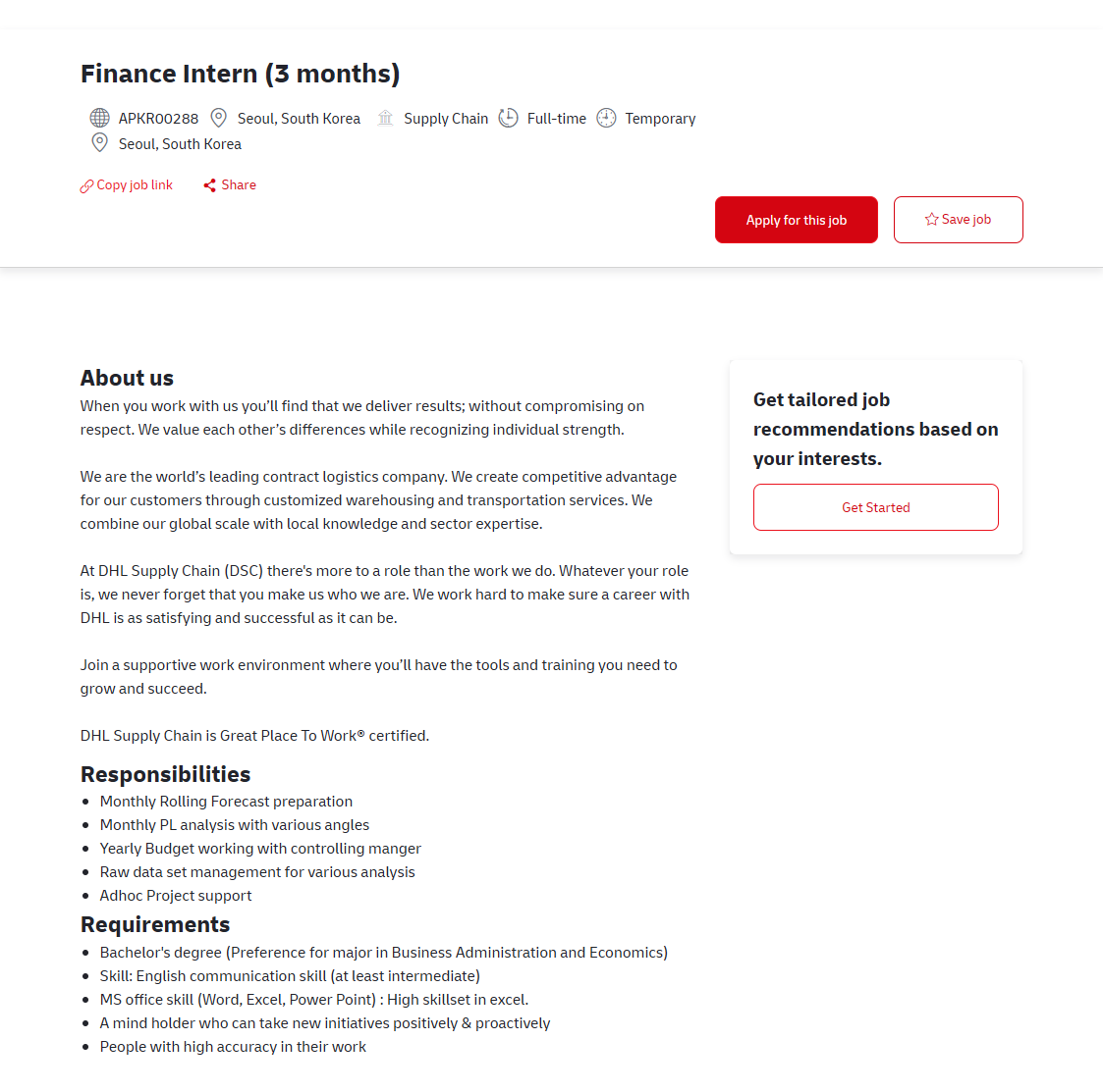 [DHL KOREA] Finance Intern (3 months)