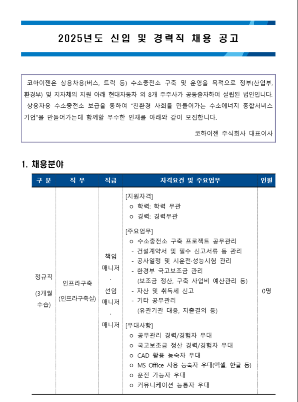 [코하이젠] 2025년도 신입 및 경력직 채용