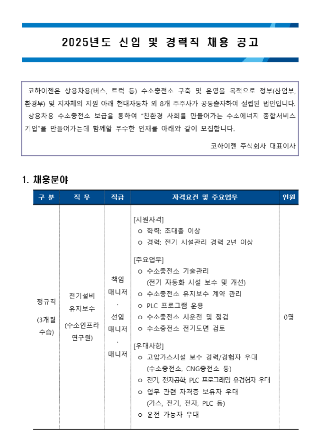 [코하이젠] 2025년도 신입 및 경력직 채용