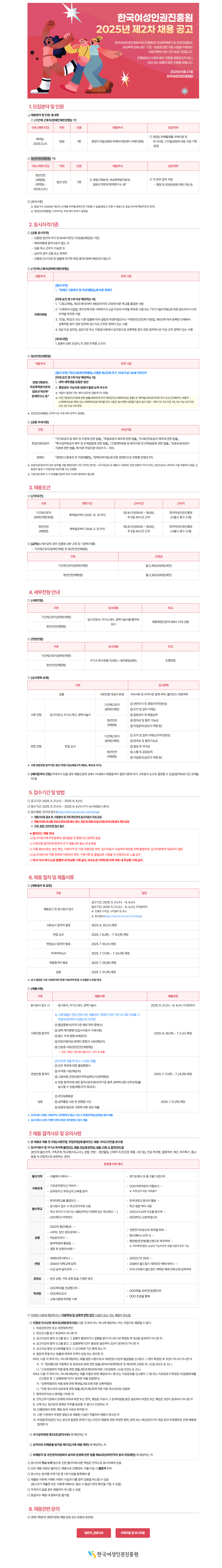 [한국여성인권진흥원] 2025년 제2차 채용 공고(기간제근로자(장애인제한경쟁), 청년인턴(체험형))