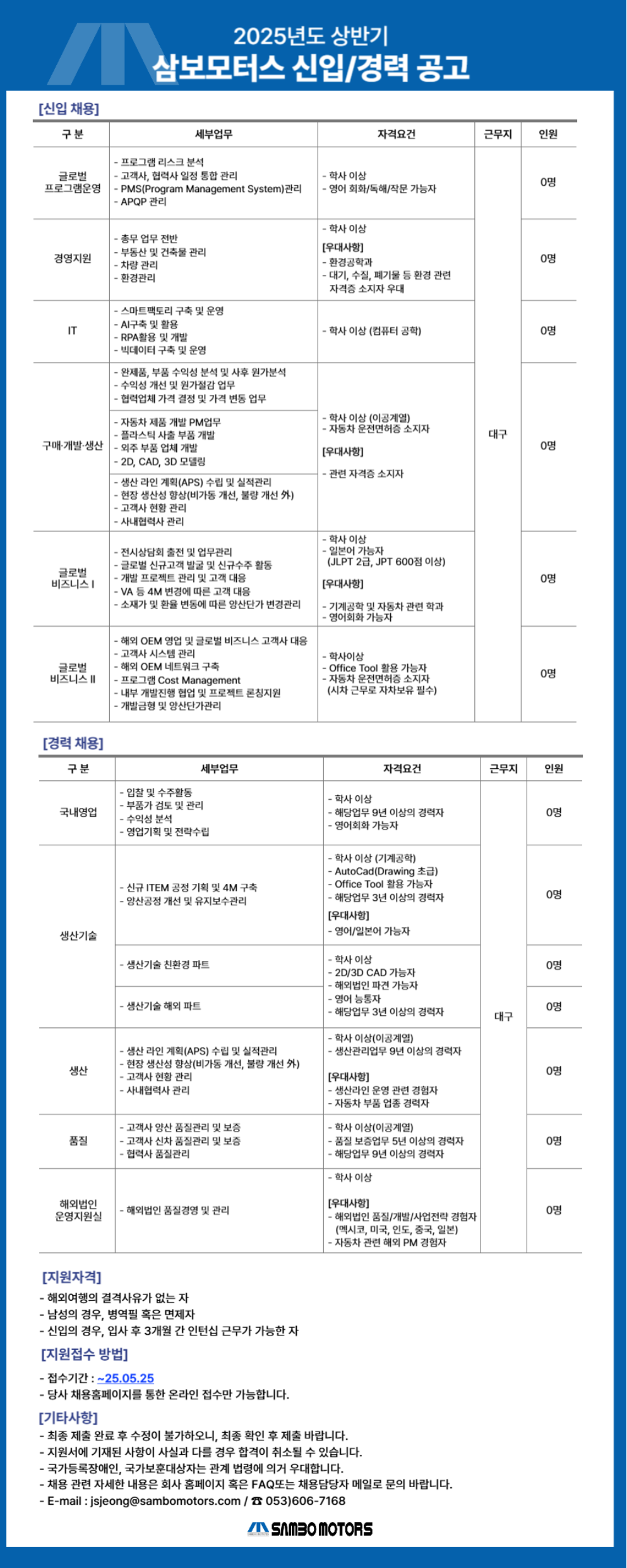 [삼보모터스] 2025년도 상반기 신입/경력 채용