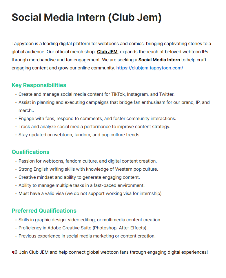 [콘텐츠퍼스트/태피툰] Social Media Intern (Club Jem)