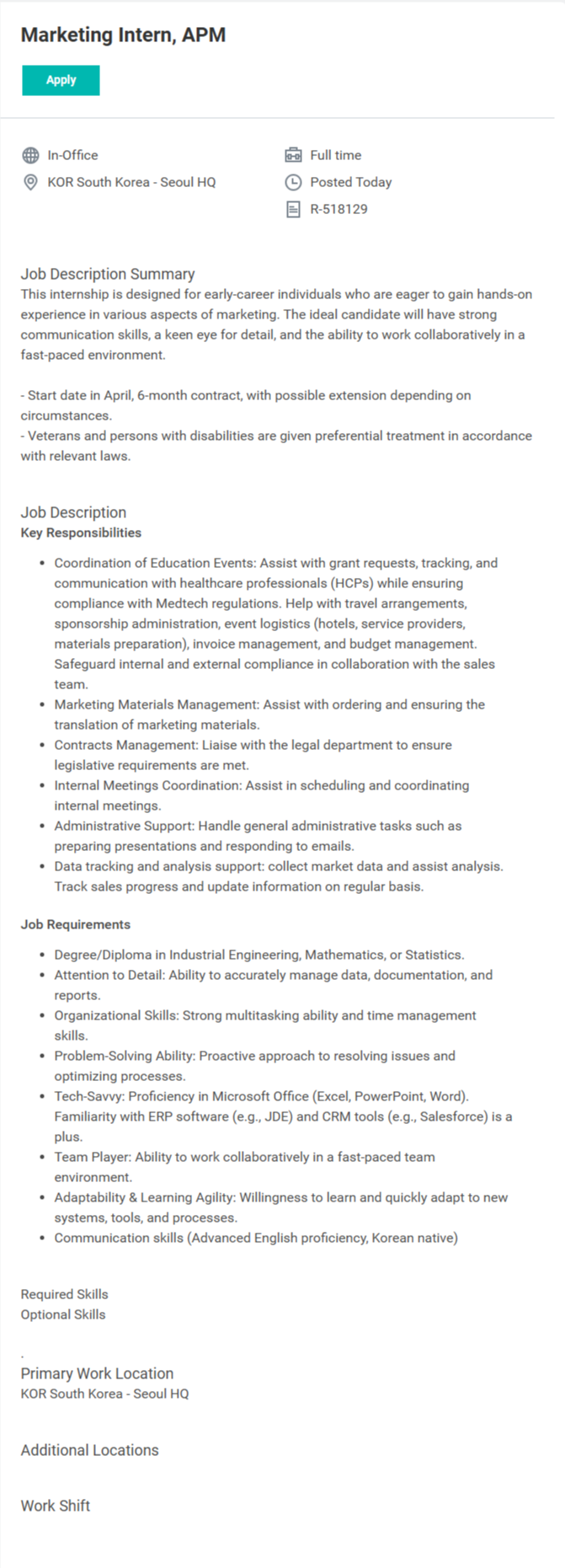 [벡톤디킨슨코리아] Marketing Intern, APM